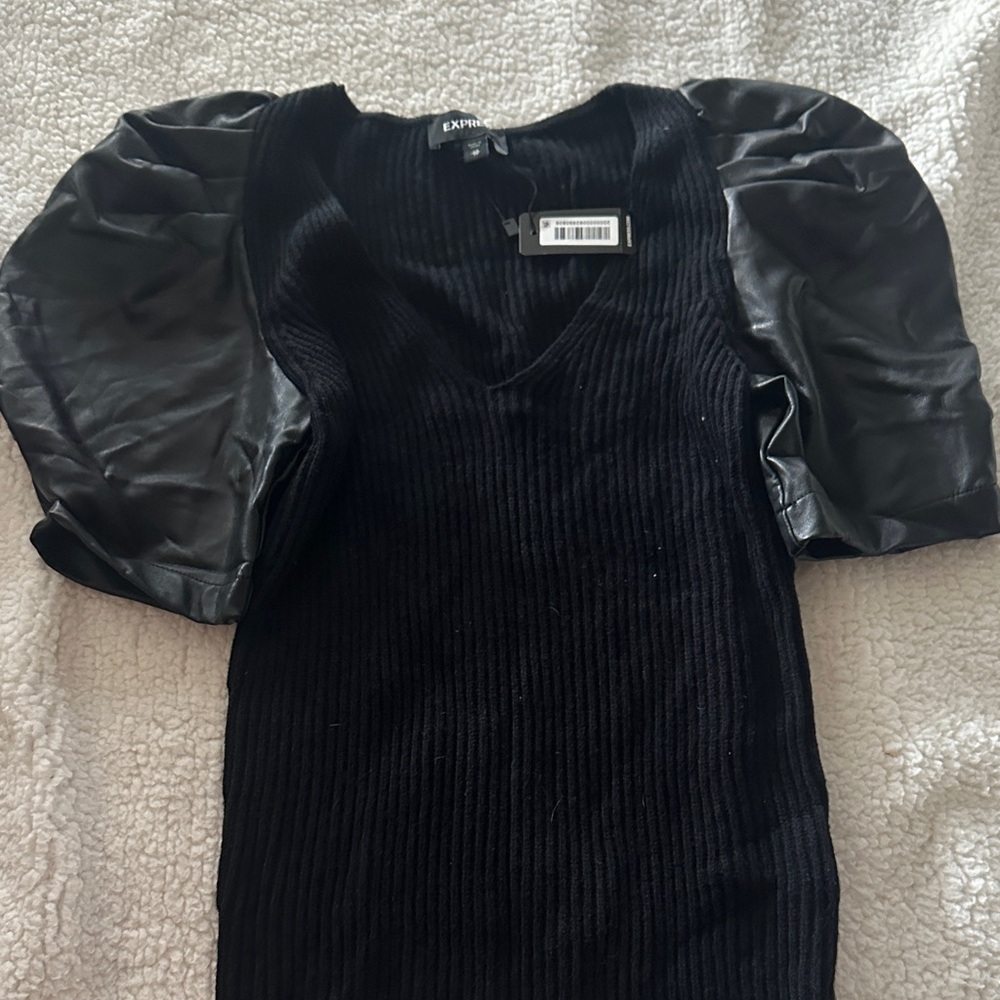 Express Black Ribbed Top with Leather Puff Sleeves